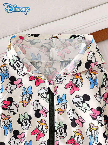 Disney Minnie And Friends Spring/Autumn Casual Jacket For Baby Girls, Cartoon Minnie, Donald Duck, Daisy, Goofy All-Over Print, Long Sleeve Zipper Hooded Jacket, Children's Daily Wear, Home, Versatile