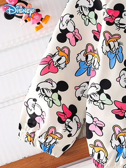 Disney Minnie And Friends Spring/Autumn Casual Jacket For Baby Girls, Cartoon Minnie, Donald Duck, Daisy, Goofy All-Over Print, Long Sleeve Zipper Hooded Jacket, Children's Daily Wear, Home, Versatile