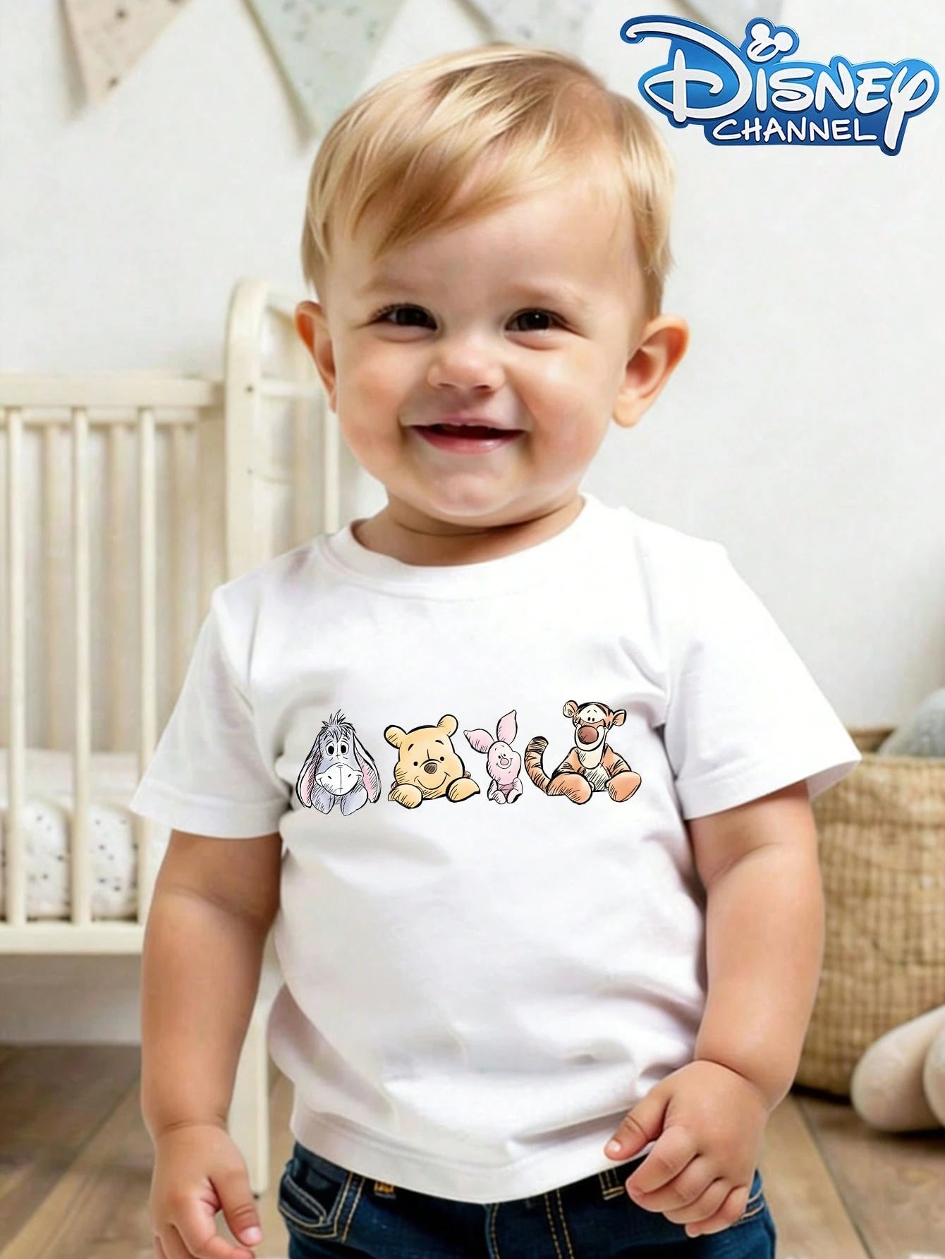 Disney Winnie The Pooh And Friends Pattern Boys' And Girls' Casual Simple Short-Sleeve Crew Neck T-Shirt, Suitable For Summer Wear.