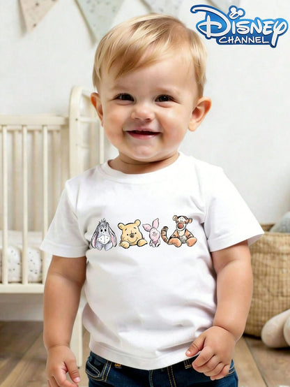 Disney Winnie The Pooh And Friends Pattern Boys' And Girls' Casual Simple Short-Sleeve Crew Neck T-Shirt, Suitable For Summer Wear.