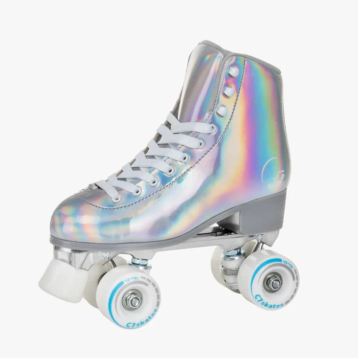 Iridescent roller skates with white laces on a white background