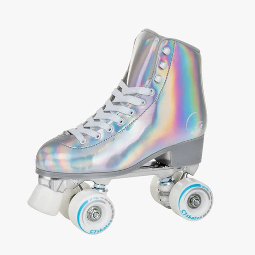 Iridescent roller skates with white laces on a white background