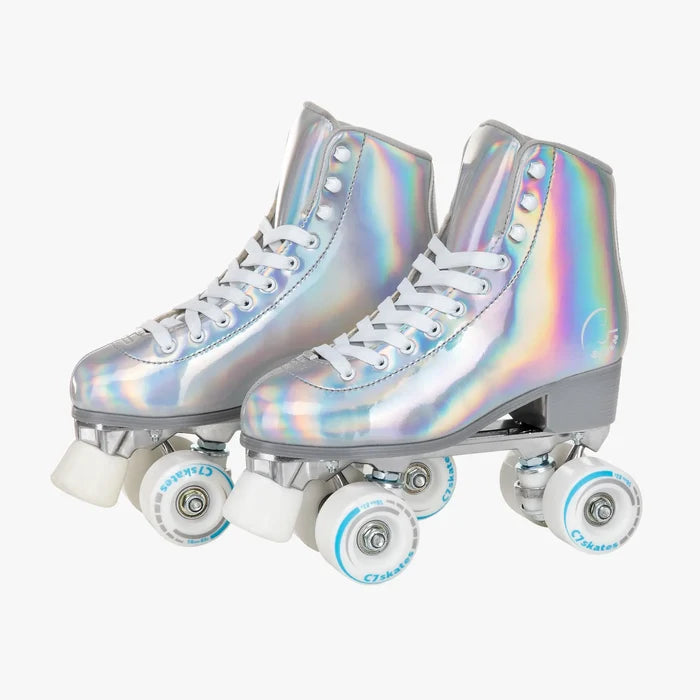 Pair of holographic roller skates on a white background
