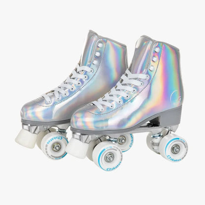 Pair of holographic roller skates on a white background