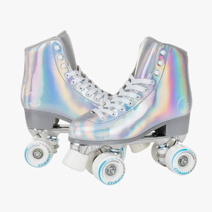 Iridescent roller skates on a white background