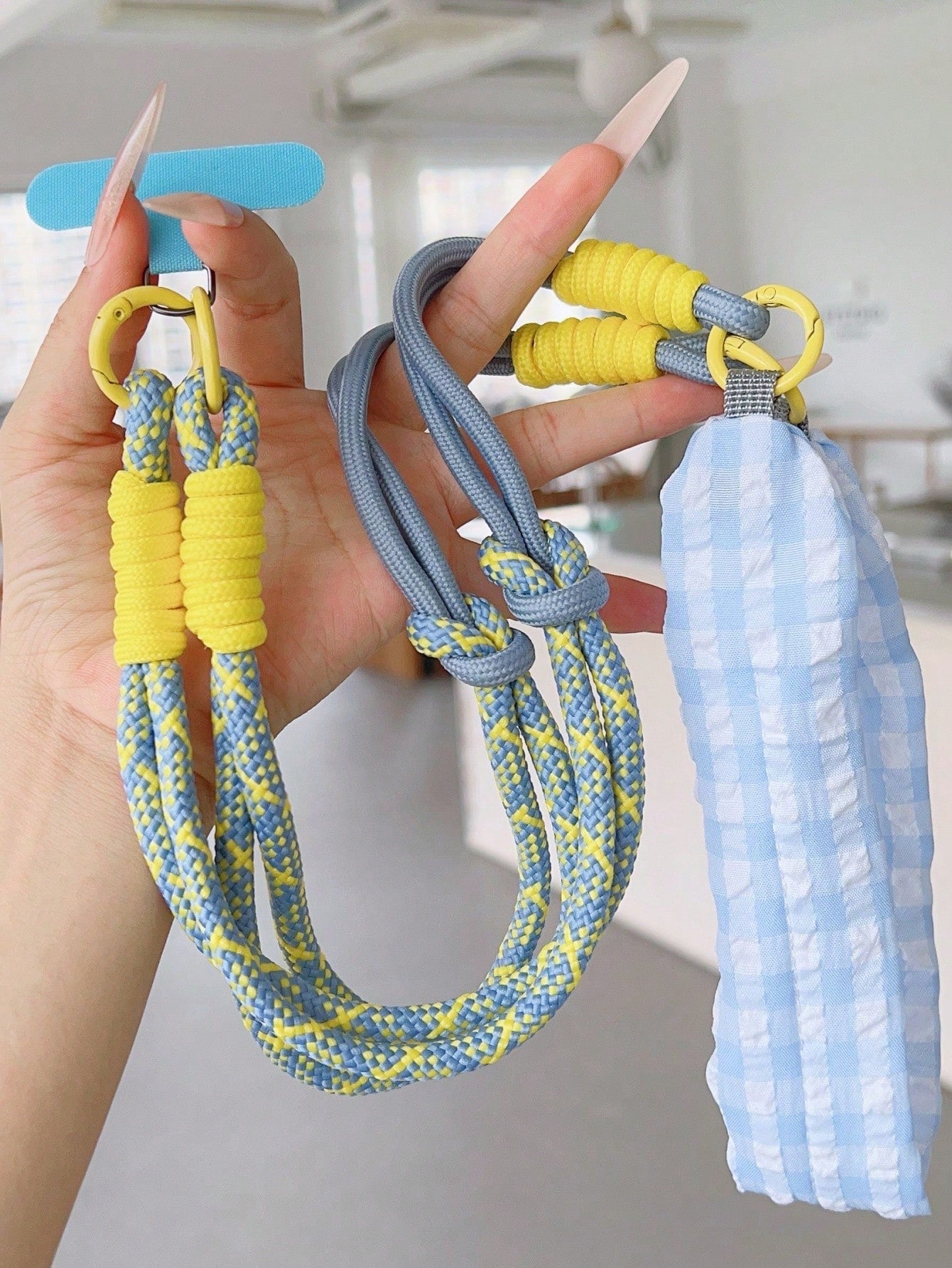 Dopamine Patchwork Grid Fabric Phone Lanyard 2-In-1 Detachable Short Strap Wide Strap Crossbody Bag Wrist Strap