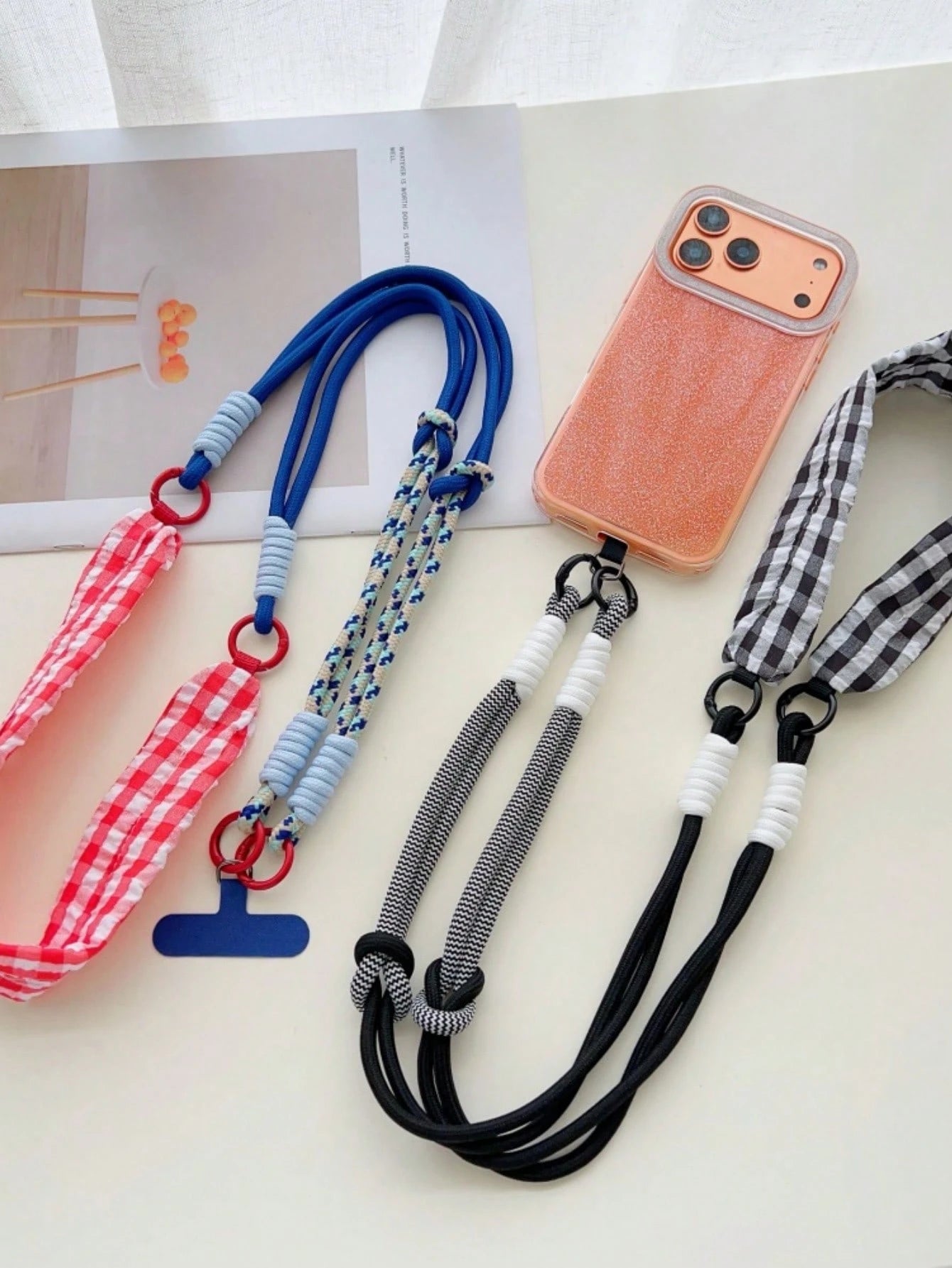 Dopamine Patchwork Grid Fabric Phone Lanyard 2-In-1 Detachable Short Strap Wide Strap Crossbody Bag Wrist Strap