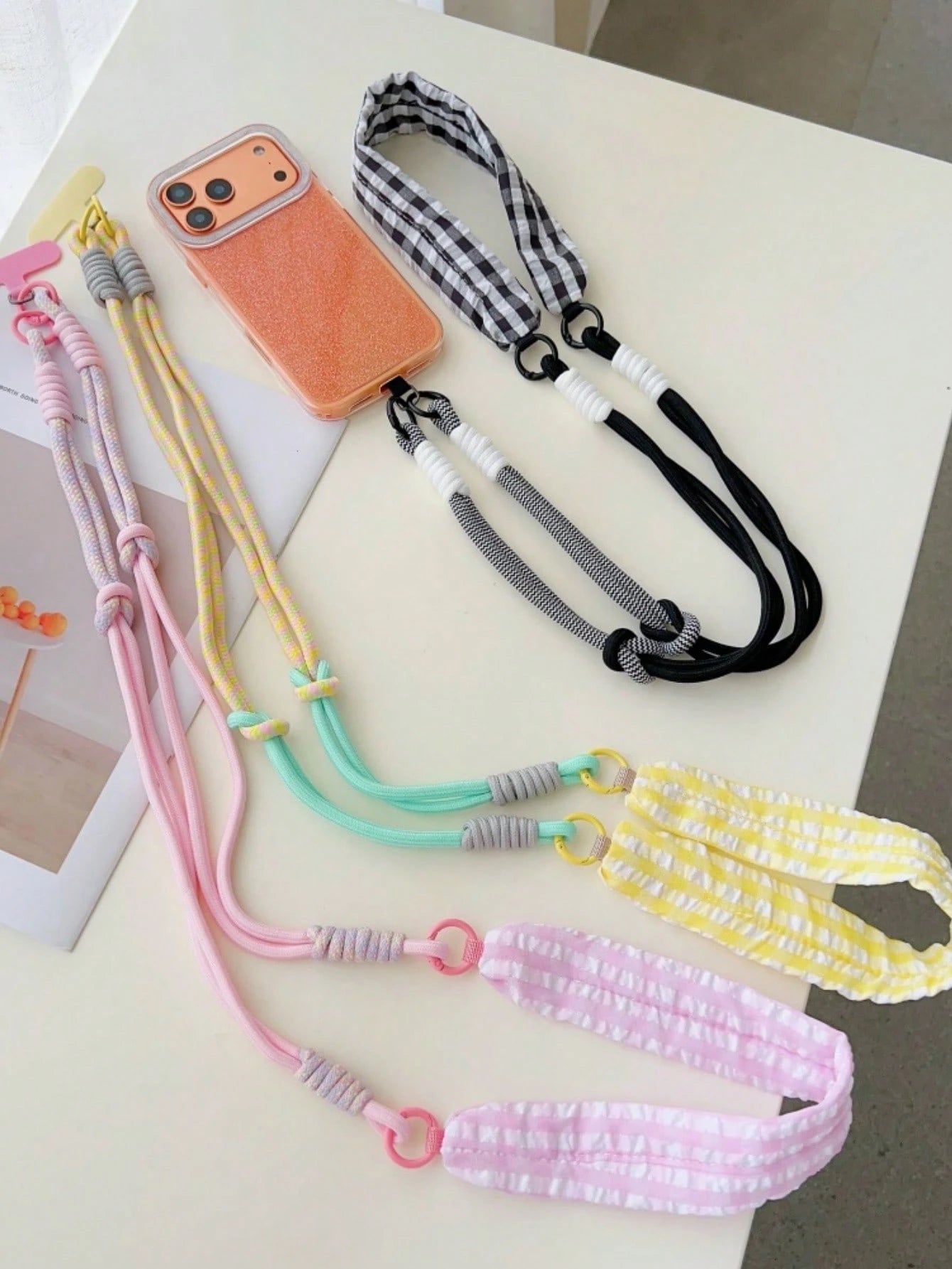 Dopamine Patchwork Grid Fabric Phone Lanyard 2-In-1 Detachable Short Strap Wide Strap Crossbody Bag Wrist Strap