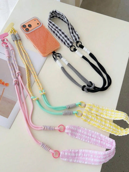 Dopamine Patchwork Grid Fabric Phone Lanyard 2-In-1 Detachable Short Strap Wide Strap Crossbody Bag Wrist Strap
