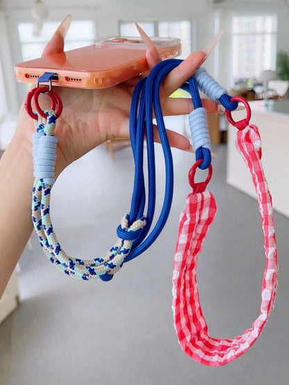 Dopamine Patchwork Grid Fabric Phone Lanyard 2-In-1 Detachable Short Strap Wide Strap Crossbody Bag Wrist Strap