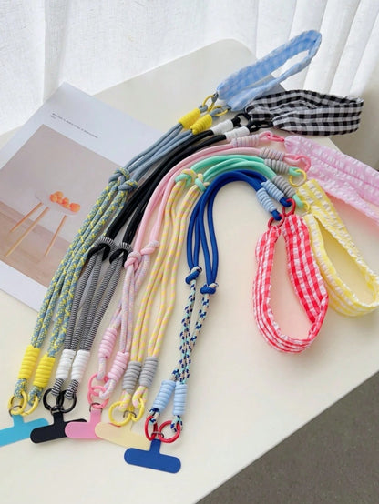 Dopamine Patchwork Grid Fabric Phone Lanyard 2-In-1 Detachable Short Strap Wide Strap Crossbody Bag Wrist Strap