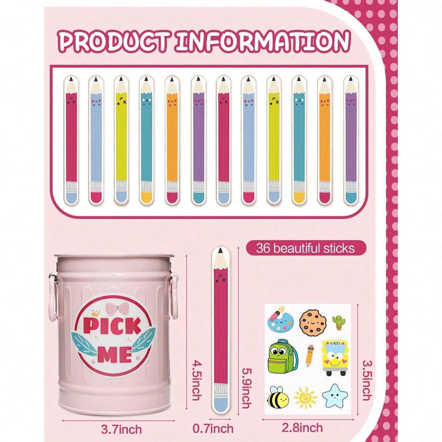 DORESS 36 Flip Name Sticks For Kids With Metal Box & Stickers, Classroom Management Essentials For Teachers & Educational Activities(Pink)