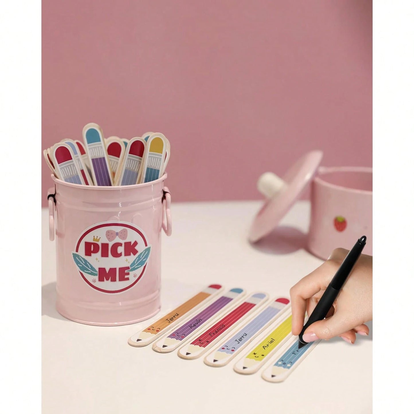 DORESS 36 Flip Name Sticks For Kids With Metal Box & Stickers, Classroom Management Essentials For Teachers & Educational Activities(Pink)