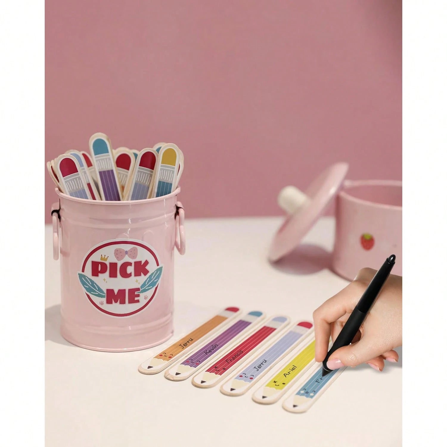 DORESS 36 Flip Name Sticks For Kids With Metal Box & Stickers, Classroom Management Essentials For Teachers & Educational Activities(Pink)