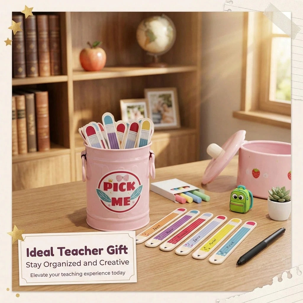 DORESS 36 Flip Name Sticks For Kids With Metal Box & Stickers, Classroom Management Essentials For Teachers & Educational Activities(Pink)