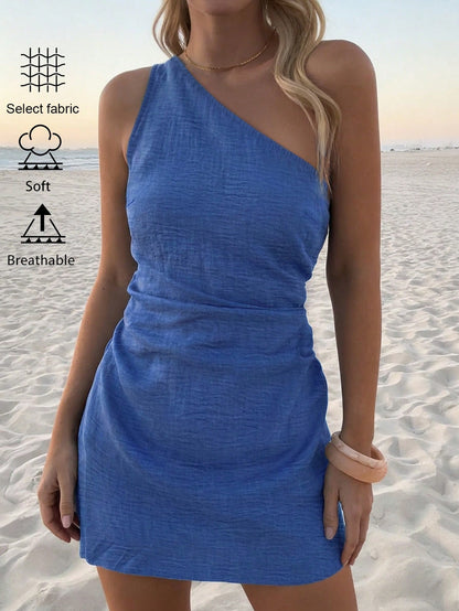 DORISS Summer Casual Off-Shoulder Dress, Asymmetric Cut Street Vacation Style Mini Dress Elegant, Effortless Style, For Women
