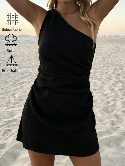 DORISS Summer Casual Off-Shoulder Dress, Asymmetric Cut Street Vacation Style Mini Dress Elegant, Effortless Style, For Women