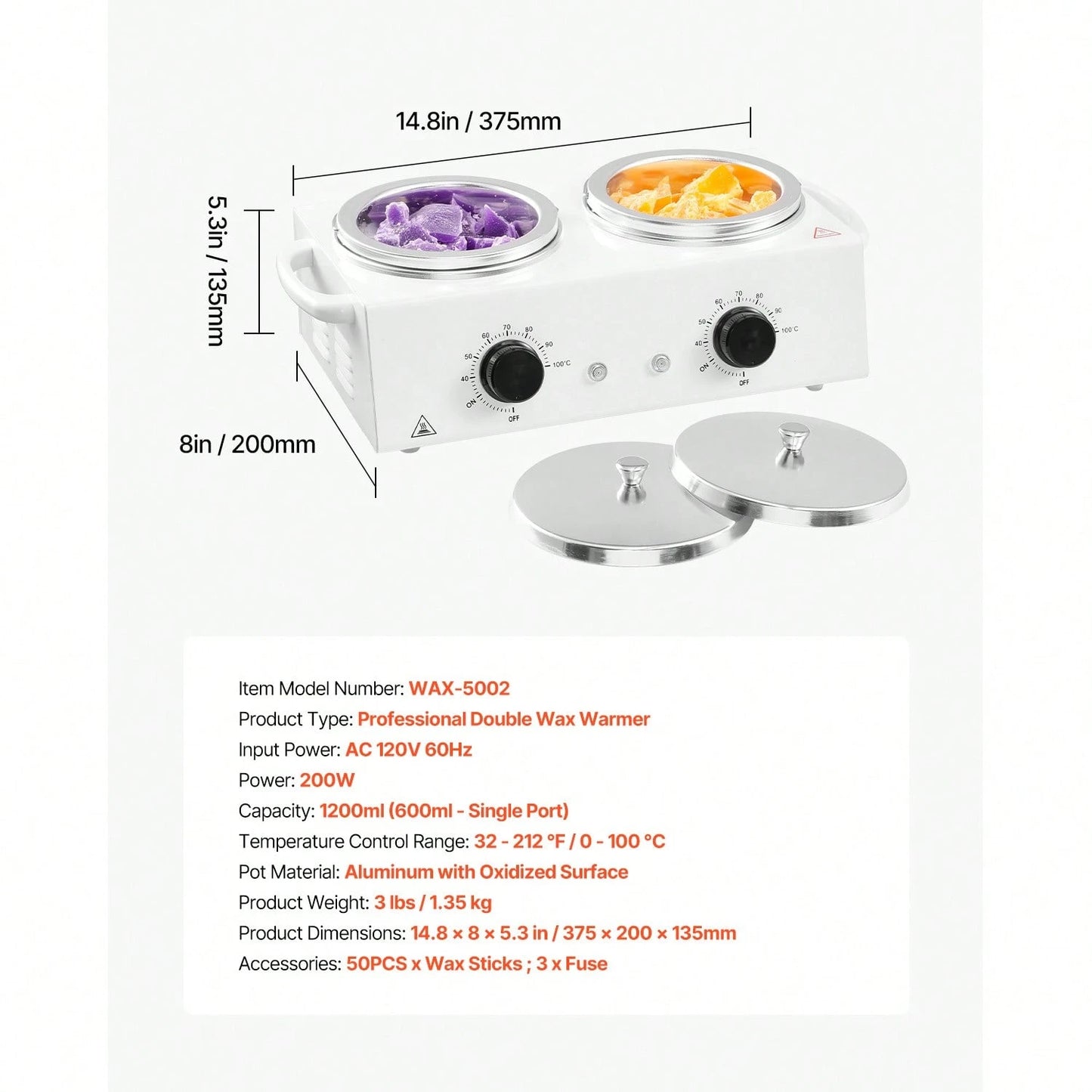 Double Wax Warmer, 1200ML Professional Dual Wax Warmer For Hair Removal, 32 ℉- 212℉ Adjustable Electric Waxing Heater Pot With 50PCS Waxing Sticks For Home Use, Beauty Salon, Spa