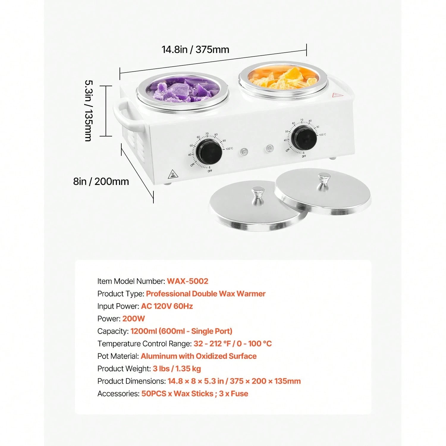 Double Wax Warmer, 1200ML Professional Dual Wax Warmer For Hair Removal, 32 ℉- 212℉ Adjustable Electric Waxing Heater Pot With 50PCS Waxing Sticks For Home Use, Beauty Salon, Spa