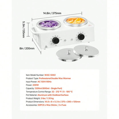 Double Wax Warmer, 1200ML Professional Dual Wax Warmer For Hair Removal, 32 ℉- 212℉ Adjustable Electric Waxing Heater Pot With 50PCS Waxing Sticks For Home Use, Beauty Salon, Spa