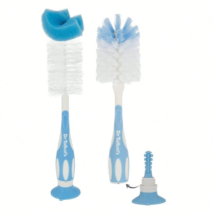 Dr. Talbotu2019s Bottle And Nipple Brush, Soft Nylon Bristles, Sponge Top, Handle With Suction Base, 2 Pack, Blue