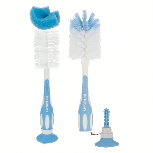 Dr. Talbotu2019s Bottle And Nipple Brush, Soft Nylon Bristles, Sponge Top, Handle With Suction Base, 2 Pack, Blue