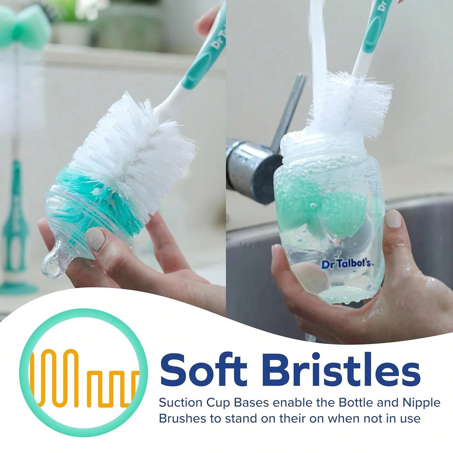 Dr. Talbotu2019s Bottle And Nipple Brush, Soft Nylon Bristles, Sponge Top, Handle With Suction Base, 2 Pack, Blue