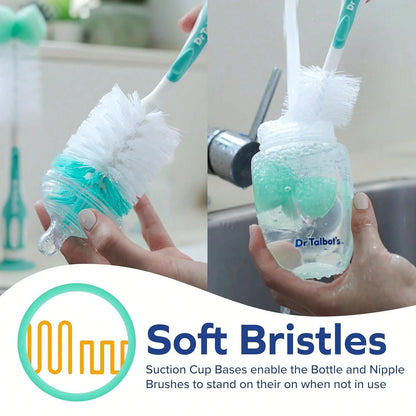 Dr. Talbotu2019s Bottle And Nipple Brush, Soft Nylon Bristles, Sponge Top, Handle With Suction Base, 2 Pack, Blue
