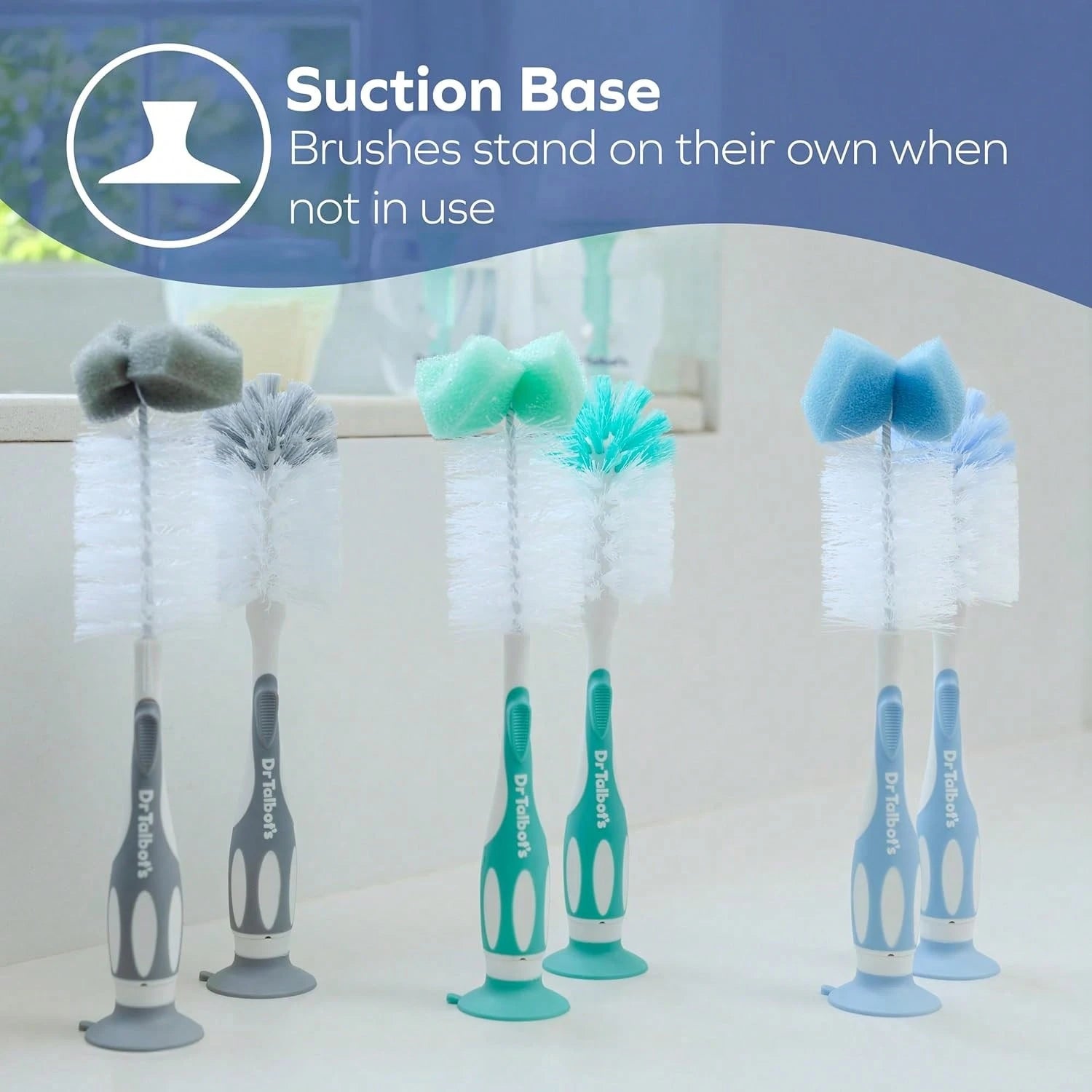 Dr. Talbotu2019s Bottle And Nipple Brush, Soft Nylon Bristles, Sponge Top, Handle With Suction Base, 2 Pack, Blue