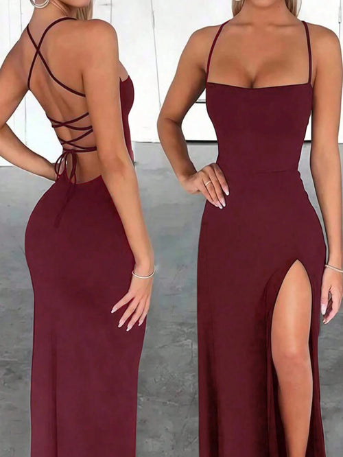 Dresses Solid Color Spaghetti Strap Large Backless Hip Pleats Large Slits Hip-Covering Sexy Sleeveless Party Dress,Back To School Elegant Summer