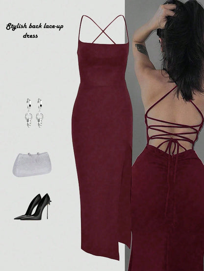 Dresses Solid Color Spaghetti Strap Large Backless Hip Pleats Large Slits Hip-Covering Sexy Sleeveless Party Dress,Back To School Elegant Summer