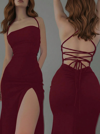 Dresses Solid Color Spaghetti Strap Large Backless Hip Pleats Large Slits Hip-Covering Sexy Sleeveless Party Dress,Back To School Elegant Summer