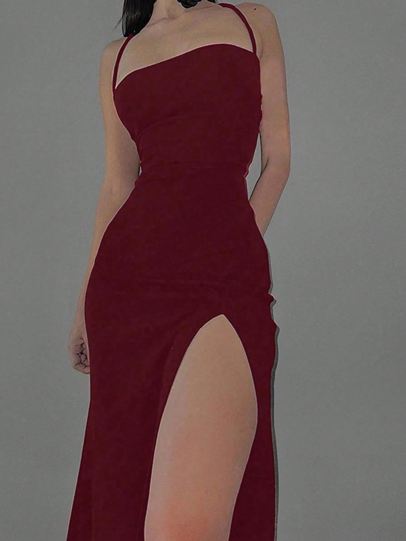Dresses Solid Color Spaghetti Strap Large Backless Hip Pleats Large Slits Hip-Covering Sexy Sleeveless Party Dress,Back To School Elegant Summer