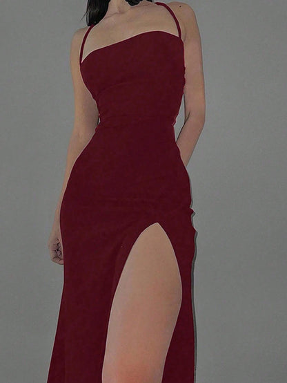 Dresses Solid Color Spaghetti Strap Large Backless Hip Pleats Large Slits Hip-Covering Sexy Sleeveless Party Dress,Back To School Elegant Summer