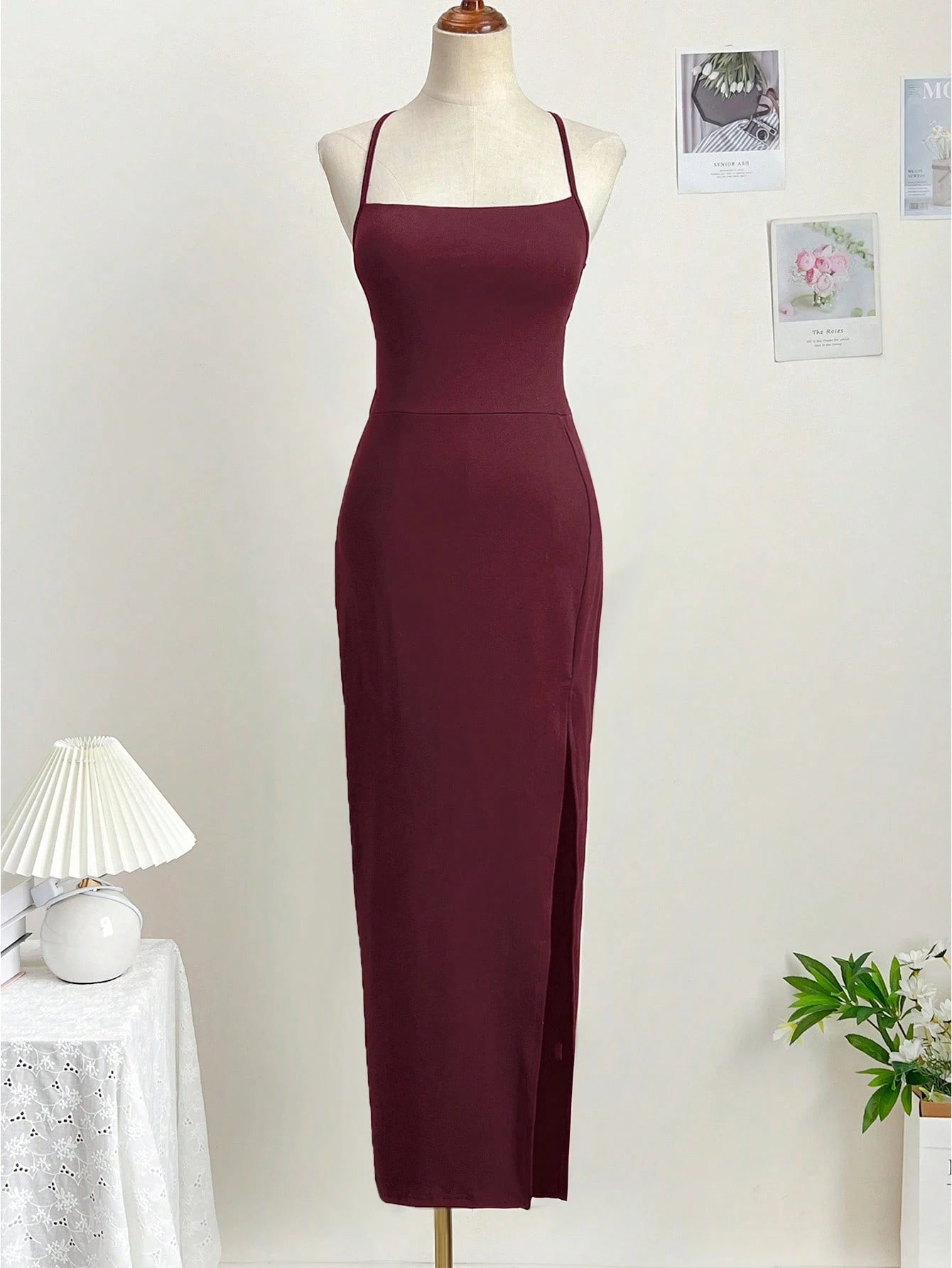 Dresses Solid Color Spaghetti Strap Large Backless Hip Pleats Large Slits Hip-Covering Sexy Sleeveless Party Dress,Back To School Elegant Summer