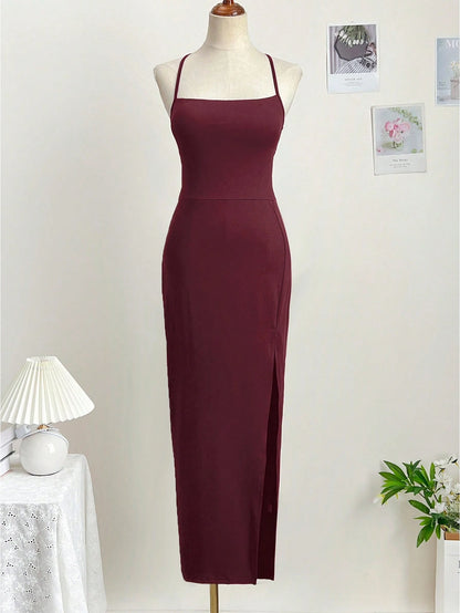 Dresses Solid Color Spaghetti Strap Large Backless Hip Pleats Large Slits Hip-Covering Sexy Sleeveless Party Dress,Back To School Elegant Summer
