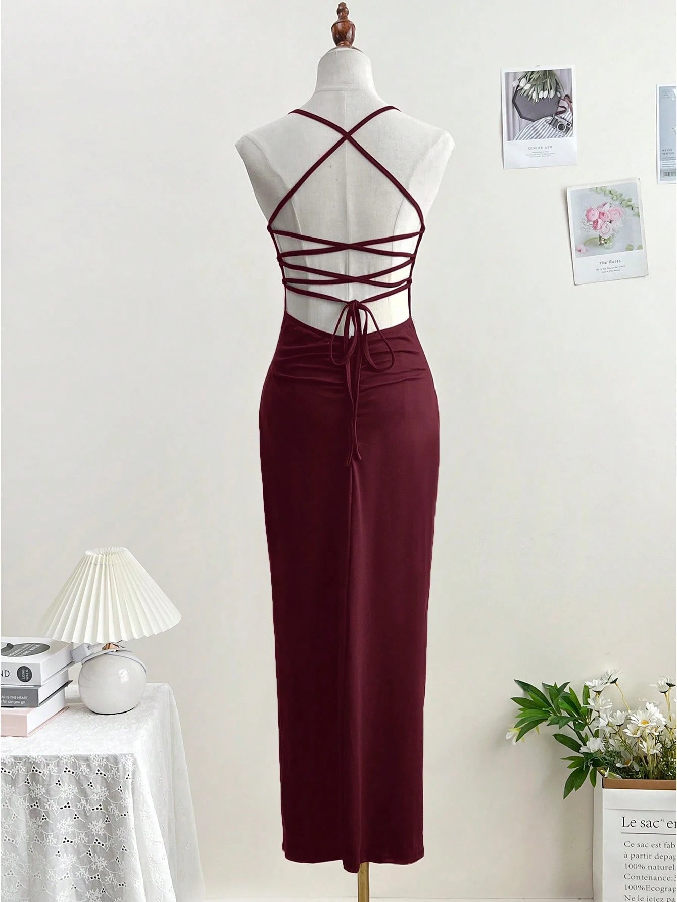Dresses Solid Color Spaghetti Strap Large Backless Hip Pleats Large Slits Hip-Covering Sexy Sleeveless Party Dress,Back To School Elegant Summer