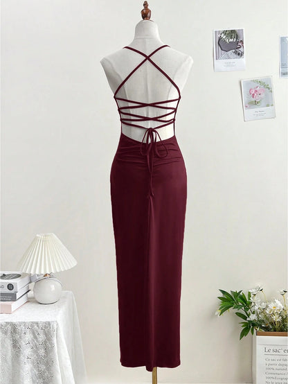 Dresses Solid Color Spaghetti Strap Large Backless Hip Pleats Large Slits Hip-Covering Sexy Sleeveless Party Dress,Back To School Elegant Summer