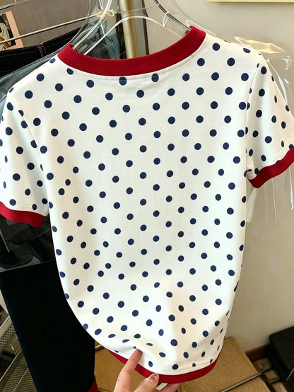DrmWander Women's Plus Size Cherry Print Loose Casual Color Block Polka Dot Round Neck T-Shirt Top