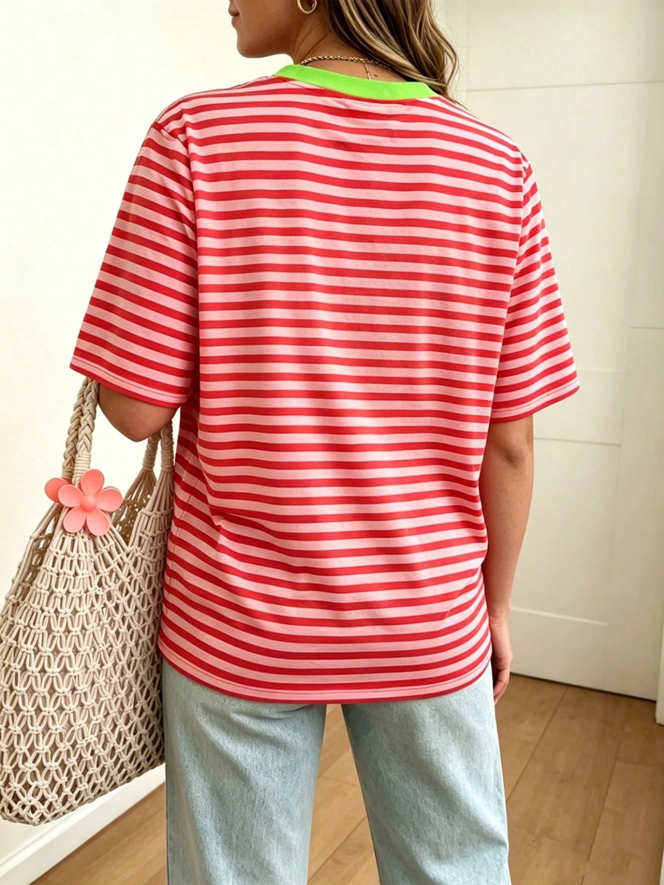 DrmWander Women's Plus Size Cherry Print Loose Casual Color Block Polka Dot Round Neck T-Shirt Top