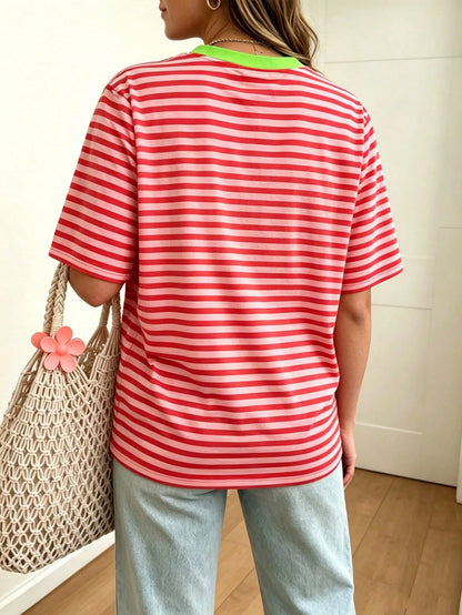 DrmWander Women's Plus Size Cherry Print Loose Casual Color Block Polka Dot Round Neck T-Shirt Top