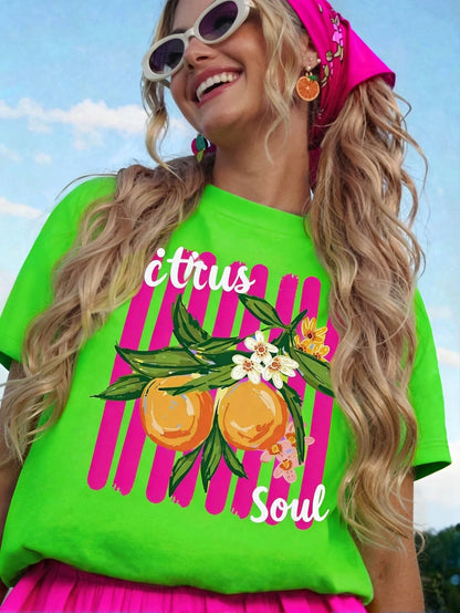 DrmWander Women's T-Shirt, Casual Street Style Graphic Short Sleeve T-Shirt, Cute Summer Top Vacation Neon Green
