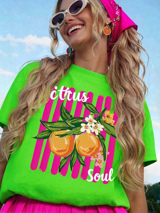 DrmWander Women's T-Shirt, Casual Street Style Graphic Short Sleeve T-Shirt, Cute Summer Top Vacation Neon Green