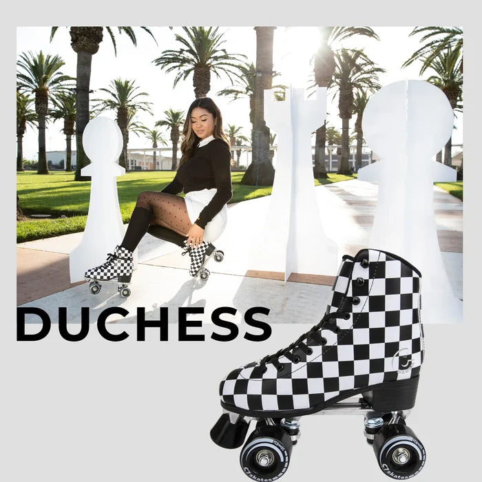 Person sitting on a bench with roller skates, palm trees in the background, and 'DUCHESSE' skates.