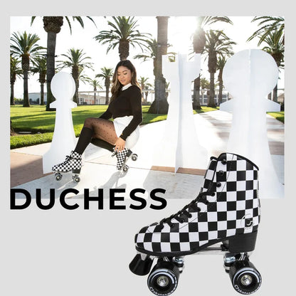 Person sitting on a bench with roller skates, palm trees in the background, and 'DUCHESSE' skates.