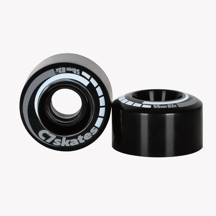 Two roller skate wheels with 'C7 Skates' branding on a white background