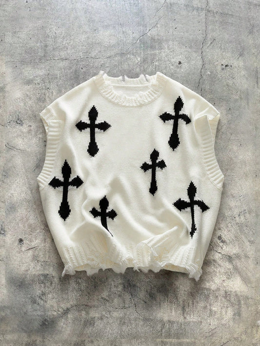 EASEVO Plus Size Men's Casual White And Black Knitted Vest, For Fall Winter
