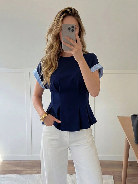 Easowa Crew Neck Ruffle Hem Contrast Stripe Patchwork Casual Loose Elegant Commuter Vacation Blouse For Women, Spring/Summer,Summer Top