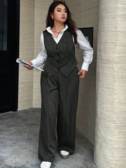 Easura Plus Size Women 2pcs Set:Striped Single-Breasted Vest And Pants,Elegant Dark Green Formal Suits For Commute,Autumn Graduation, Outfits Fall/Winter