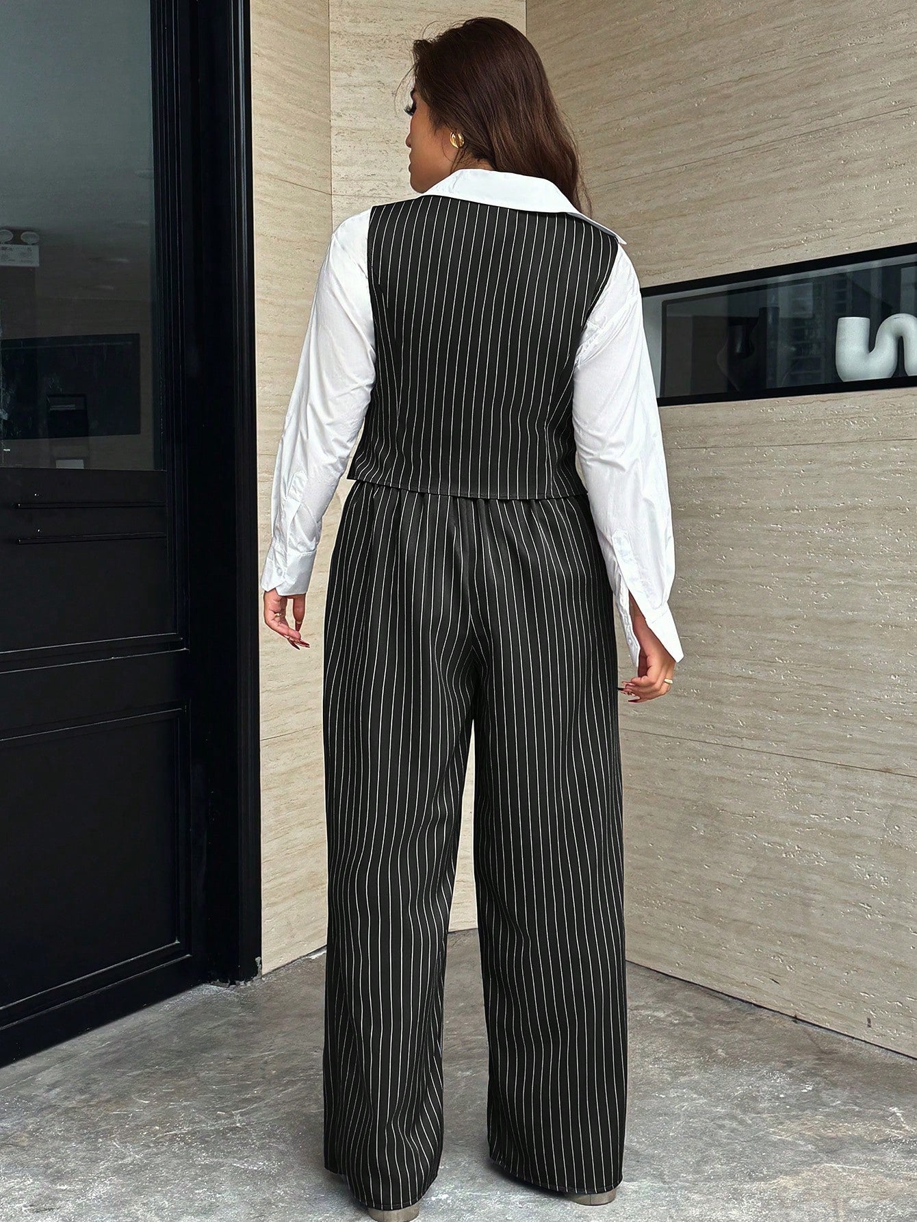 Easura Plus Size Women 2pcs Set:Striped Single-Breasted Vest And Pants,Elegant Dark Green Formal Suits For Commute,Autumn Graduation, Outfits Fall/Winter